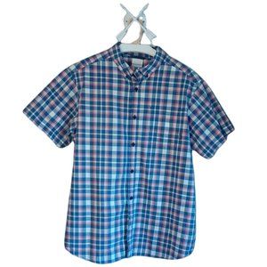 COLUMBIA • size XL plaid short-sleeve shirt blue white pink summer BBQ men's